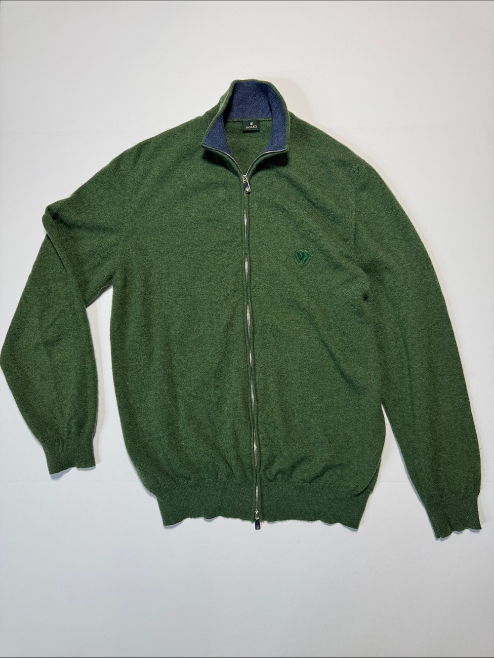 ROLEX Wimbledon VTG Forest Green Full Dual-Zip Cashmere Sweater Made in Italy XL